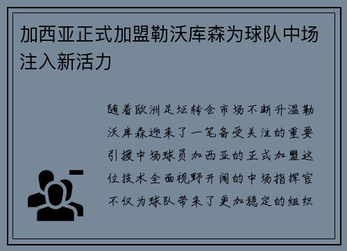 加西亚正式加盟勒沃库森为球队中场注入新活力